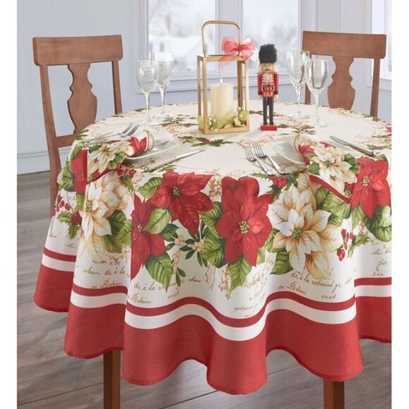 Elrene Home Fashions  Poinsettia Holiday Tablecloth 60" x 84" Oblong, - Picture 2 of 2